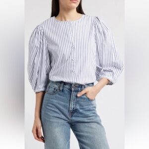 Madewell Erin White/Blue Striped 3/4 Sleeve Button Down Shirt 2 NWT